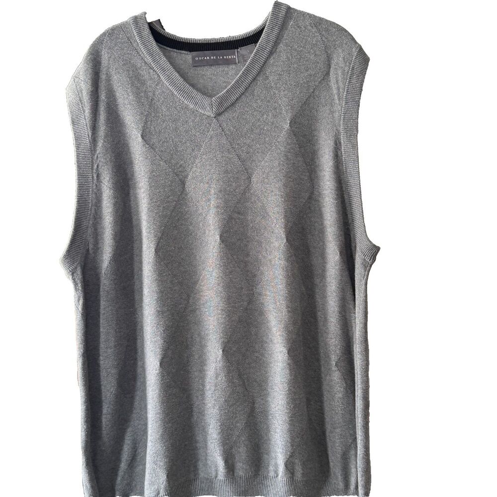 VINTAGE *** Oscar de la Renta Men's Argyle V-Neck Sweater Vest grey Size L